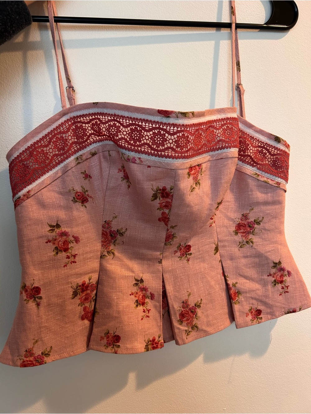 Reformation Pink Rose-Print Lace-Trim Cami